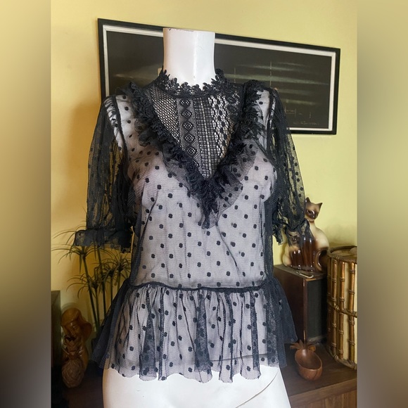 Ladies Blashe gothic lace ruffle polka dot vamp blouse Victorian sheer top - Picture 3 of 7